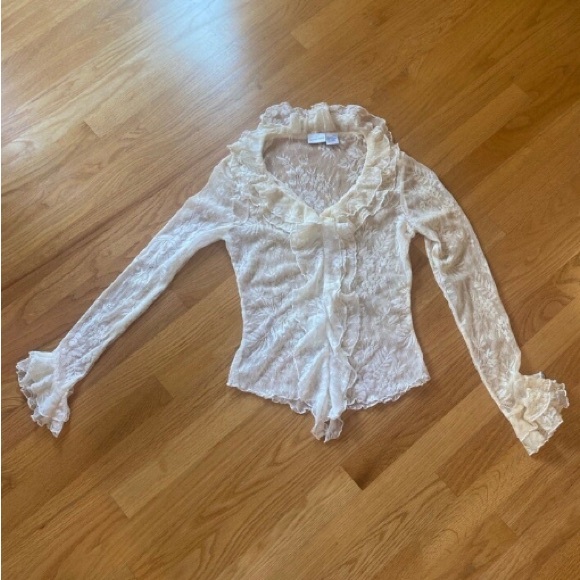 Lace Blouse Y2K Ruffle Front Cuff Cream Grannycore Cottagecore - Picture 1 of 5
